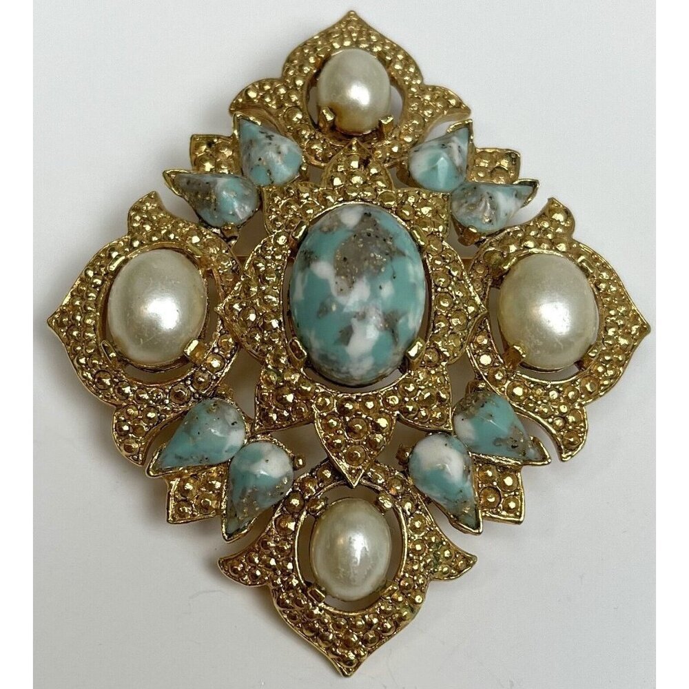 VTG SARAH COVENTRY 3" Diamond-Shape Goldtone Turquoise Pearl Remembrance BROOCH